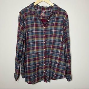 Johnny Was Silk Plaid Embroidered Button Up Top Size XL